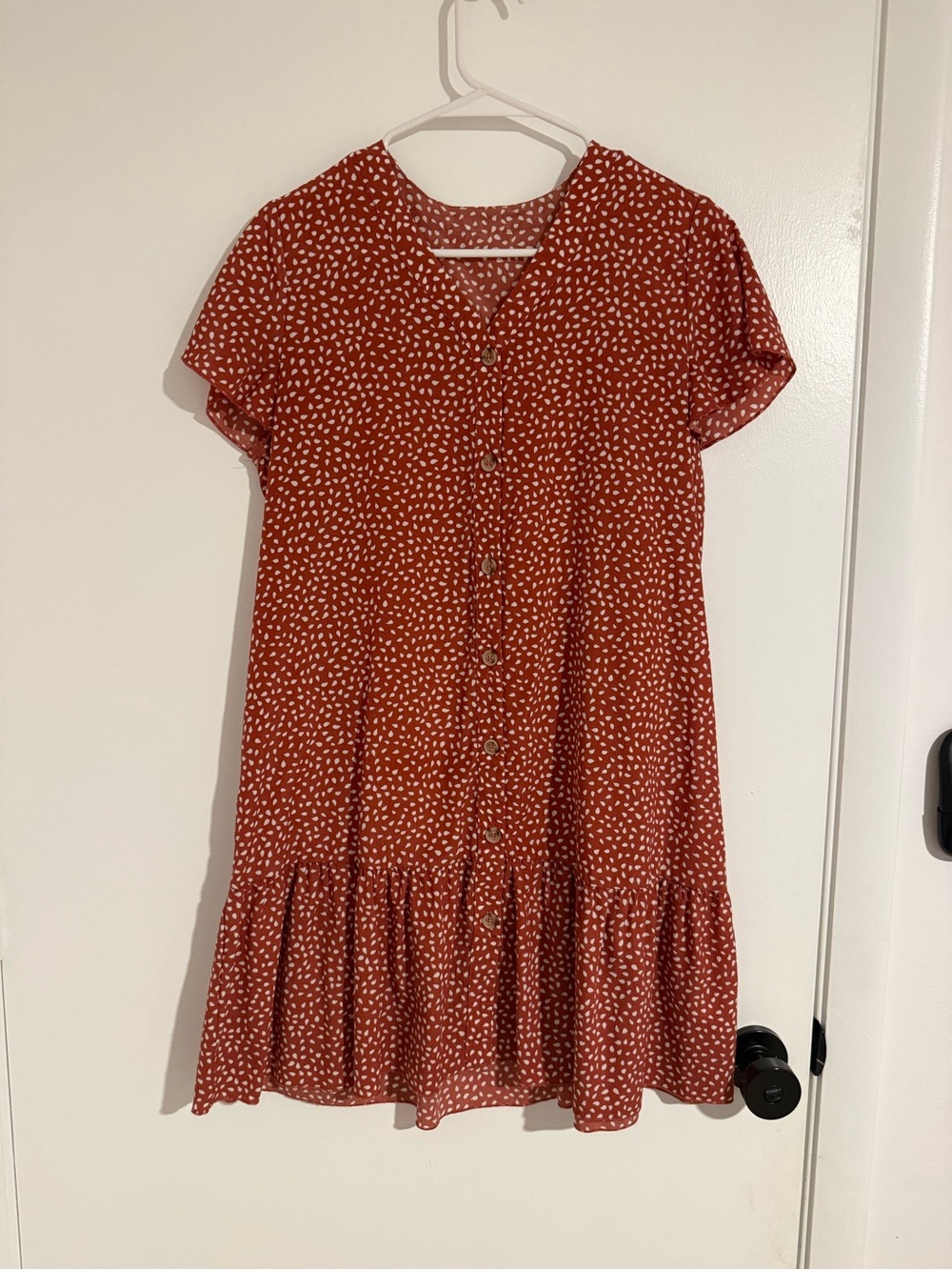 Rust Terracotta Button Front Mini Dress White Print Ruffle Hem M